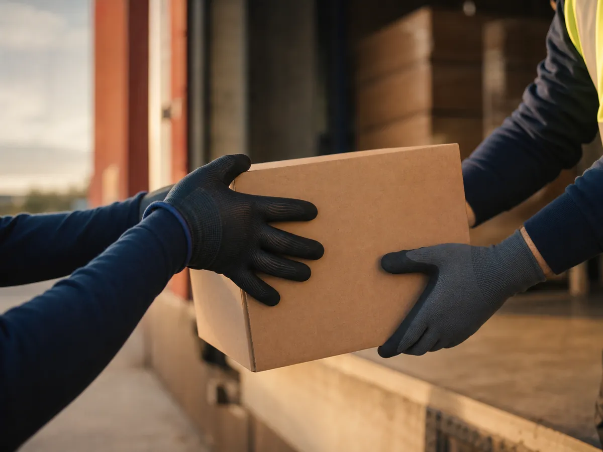 Close-up of warehouse work: hands preparing a shipment on the floor
