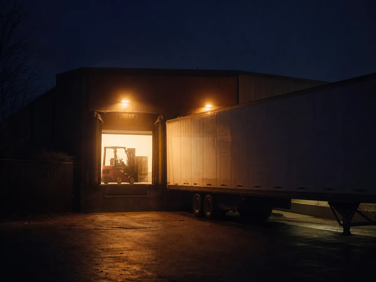 Freight being cross docked between trailers at night under bright dock lights