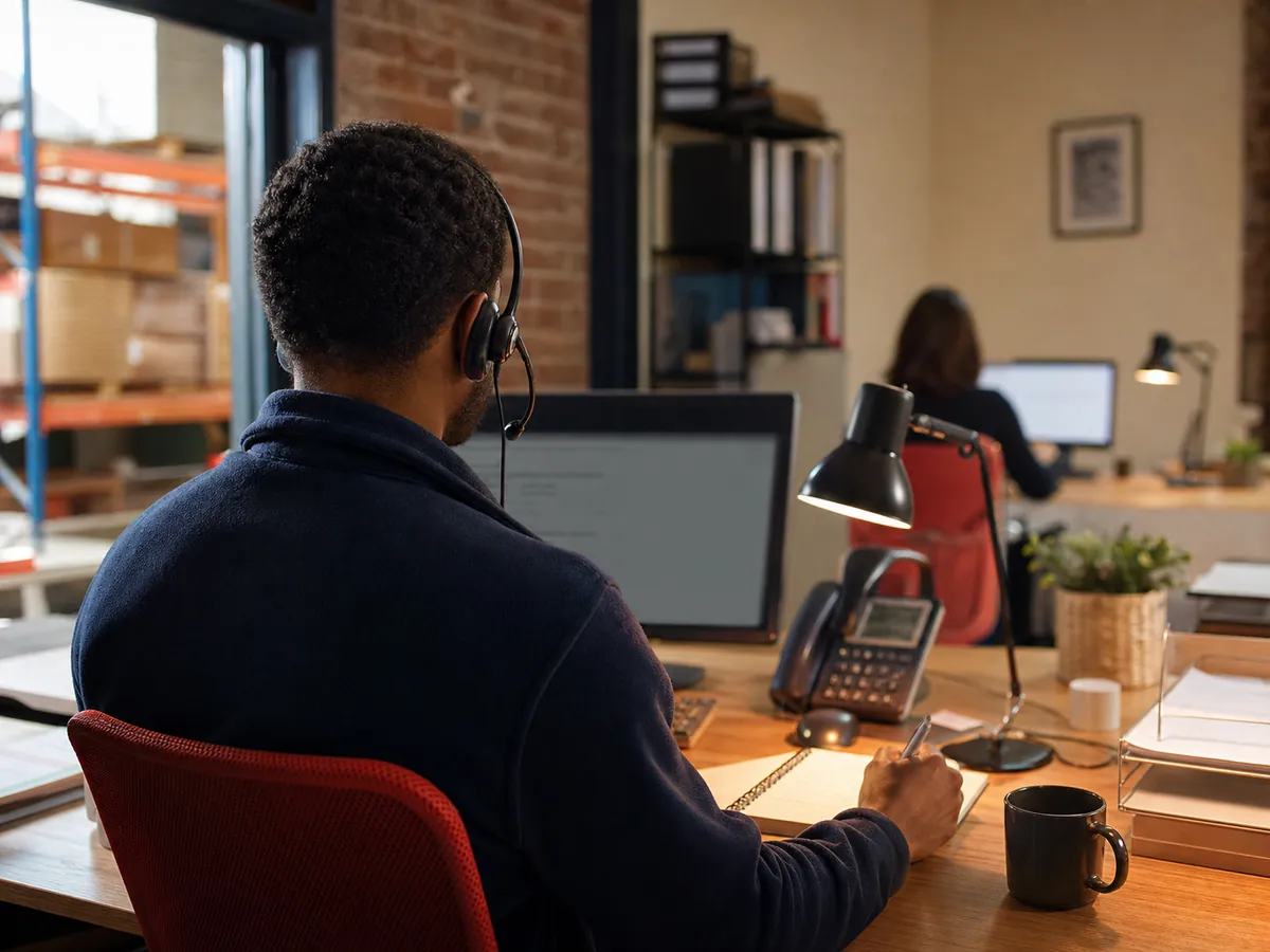 Customer service representative taking orders at a headset workstation