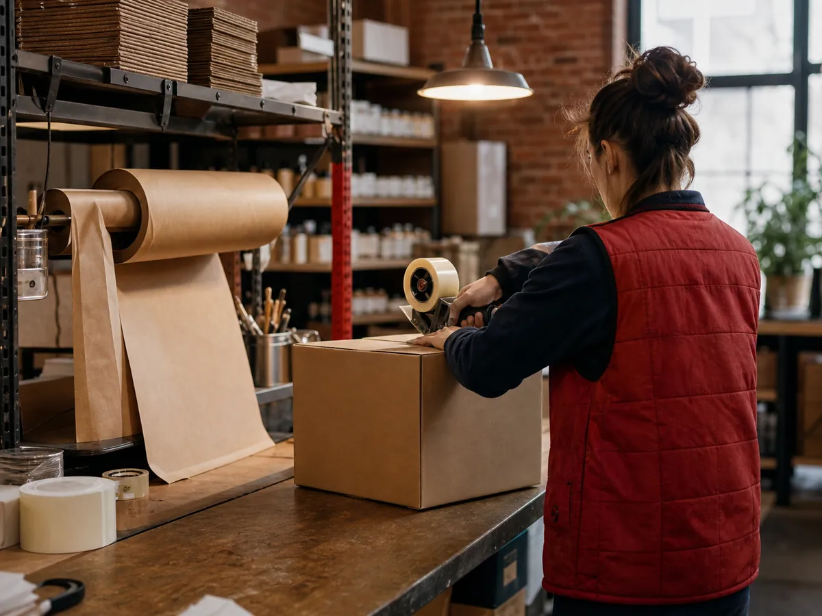 Worker packing and taping boxes at a fulfillment pack station