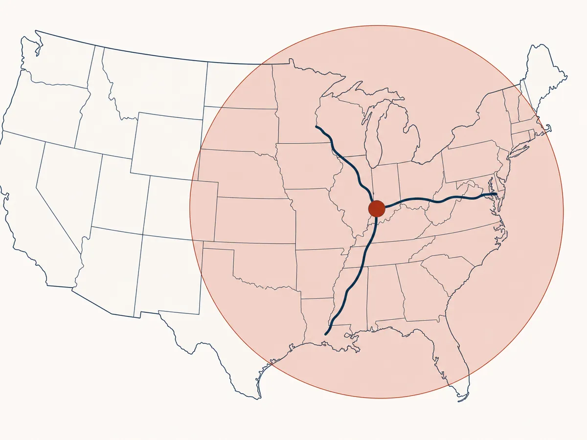 Map of the United States centered on Indianapolis showing one-day ground freight coverage across much of the country